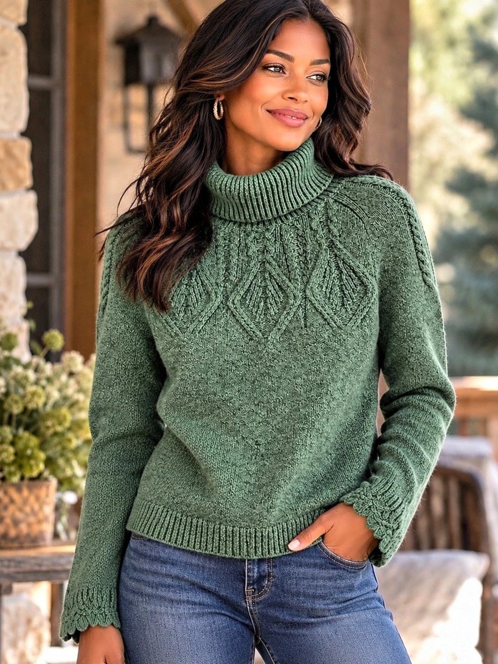 Sundance Small Green Cable Knit Turtleneck Sweater Cotton Silk Blend